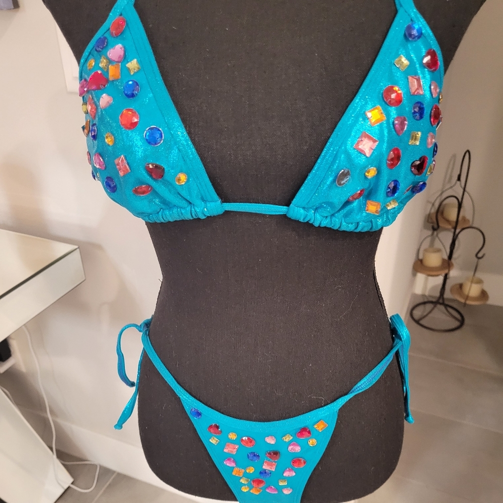 Turquoise custom bikini with gems